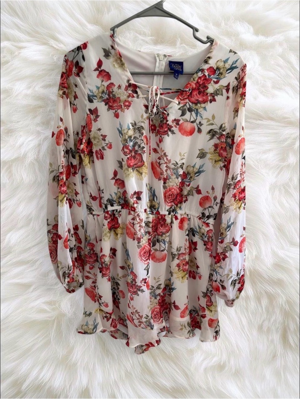 Beauty and the Beast Floral Tie-Neck Peplum Blouse - White with Red Rose Print